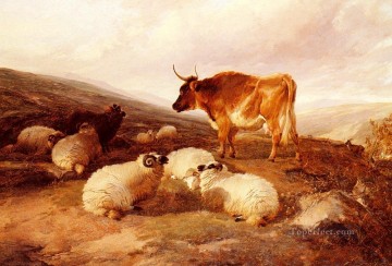Rams und ein Stier in einem Hochland Landschaft Bauernhof Tiere Rinder Thomas Sidney Cooper Ölgemälde